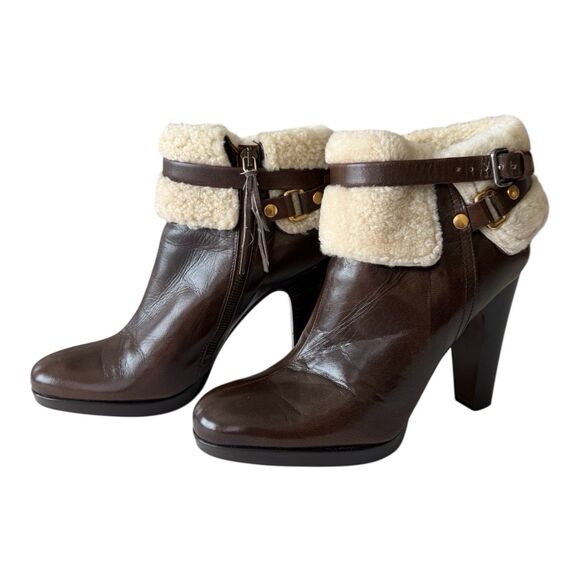 Miu Miu Shearling Lined Brown Leather Ankle Boots SIZE 9.5 Buckle Strap Designer - Picture 2 of 16
